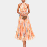 Halter neck watercolor print midi dress, peach and light blue, fitted waist, flared skirt