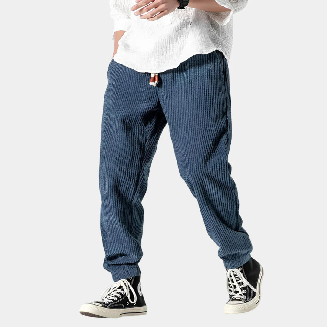 Navy blue corduroy pants with button fly and tapered legs