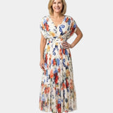 Multicolor floral midi dress, V-neck, short sleeves, gathered waist, tiered skirt