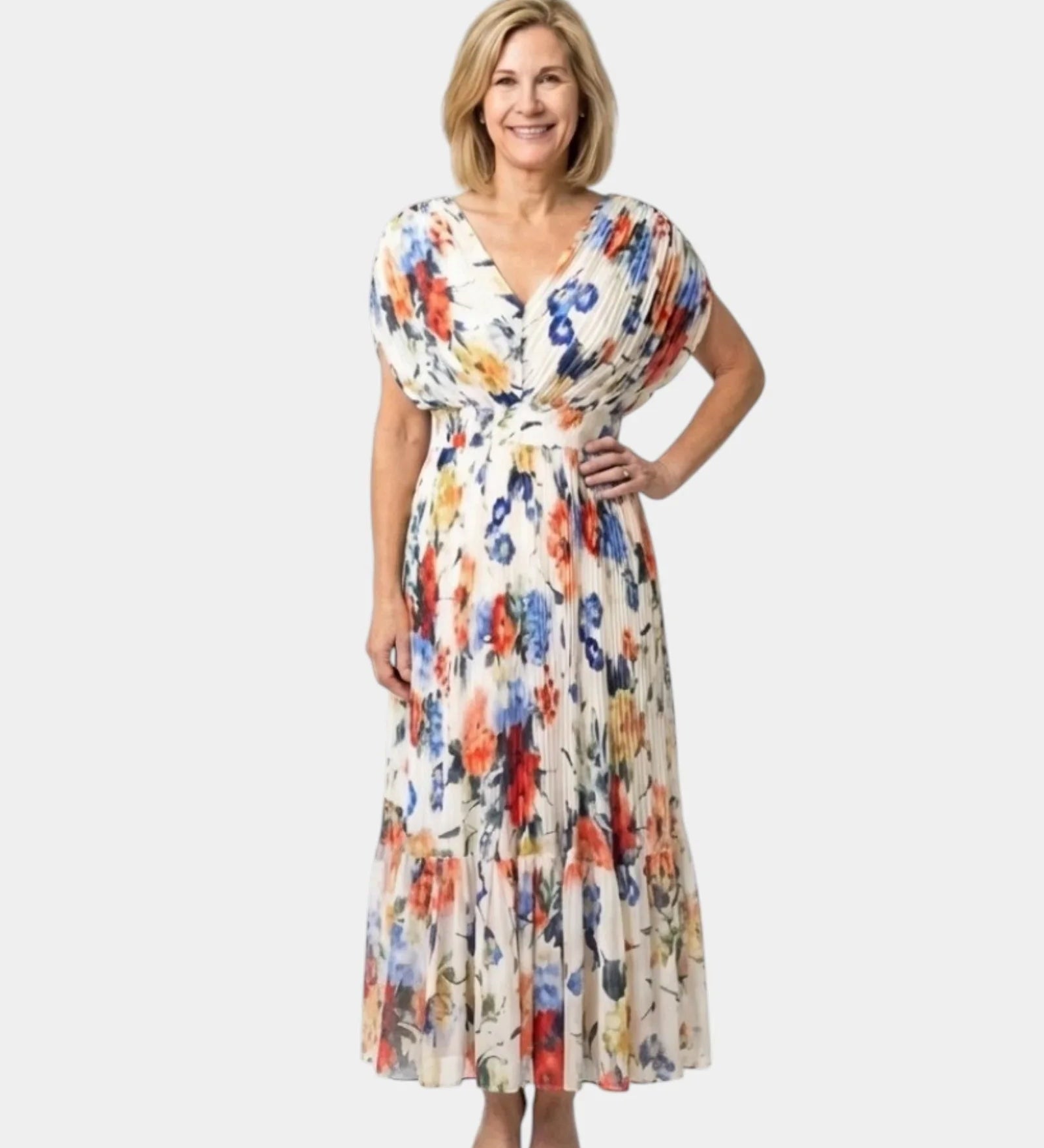 Multicolor floral midi dress, V-neck, short sleeves, gathered waist, tiered skirt