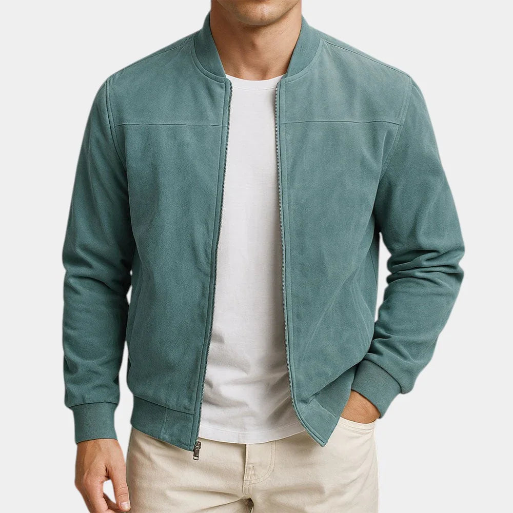 Suede bomber jacket in teal with stand collar and front zip