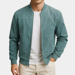 Suede bomber jacket in teal with stand collar and front zip