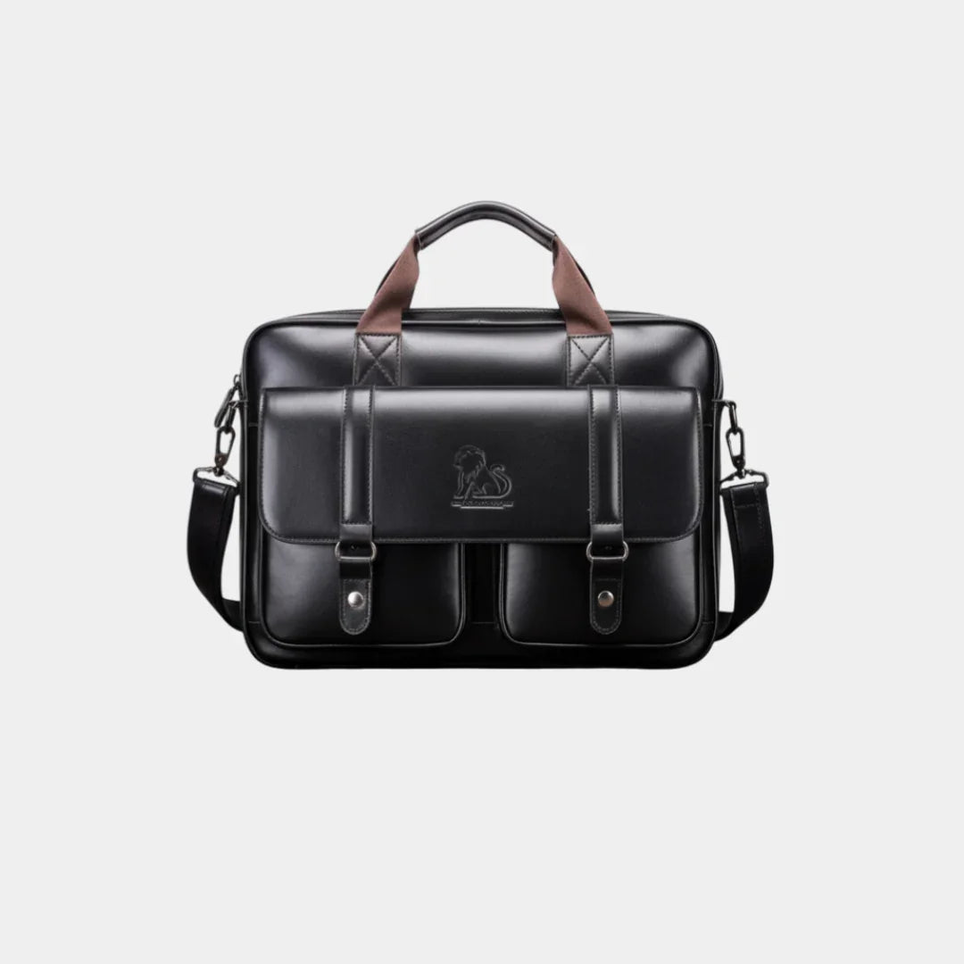Black leather briefcase with top handle, shoulder strap, and front flap buckle pockets