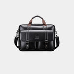 Black leather briefcase with top handle, shoulder strap, and front flap buckle pockets