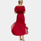 Long red dress with gathered back and draped V-neck front, sheer sleeves