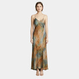 Printed spaghetti-strap maxi dress with V-neck, teal and rust abstract pattern