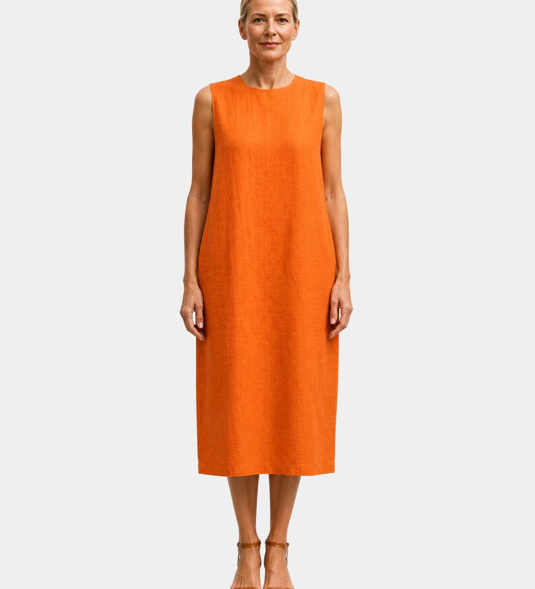 Sleeveless orange midi dress with round neckline and straight hem