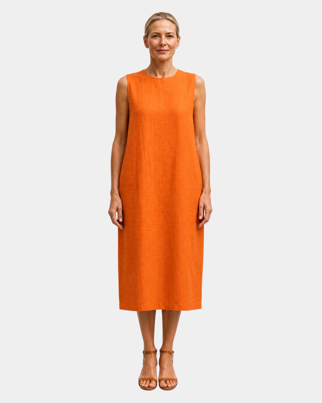 Sleeveless orange midi dress with round neckline and straight hem