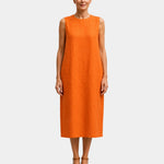 Sleeveless orange midi dress with round neckline and straight hem
