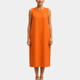 Sleeveless orange midi dress with round neckline and straight hem