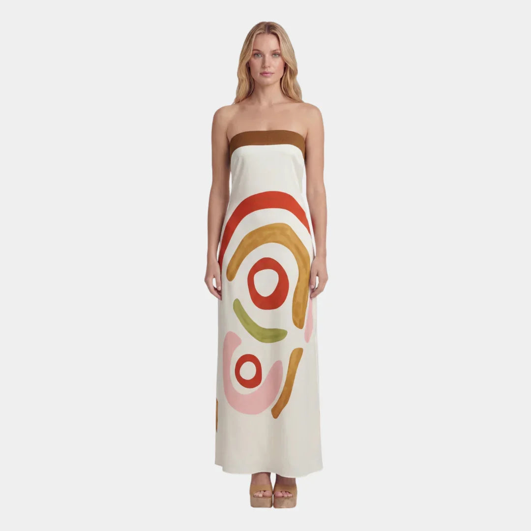 Cut-out bandeau midi dress in off-white with multicolor abstract circle print