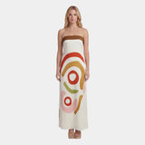 Cut-out bandeau midi dress in off-white with multicolor abstract circle print