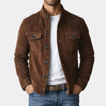 Dark brown suede jacket with button front and two chest flap pockets