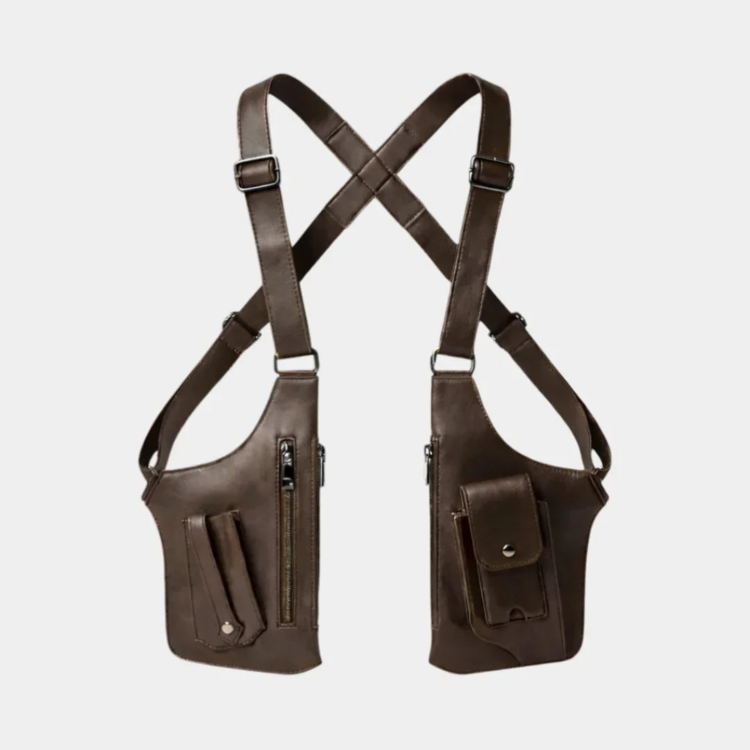 Brown tactical crossbody wallet with two zip pockets and phone-card slots