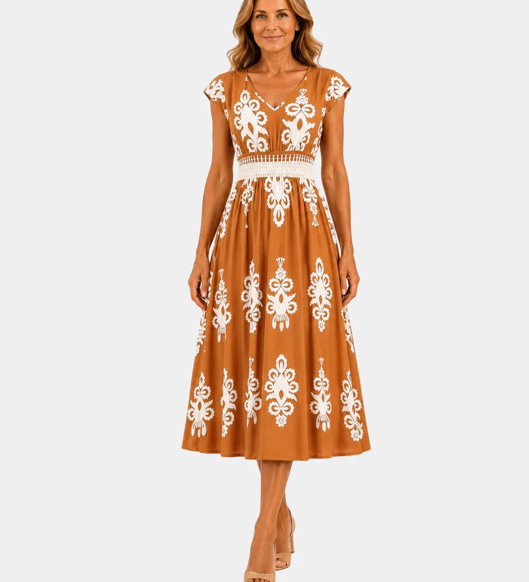 Apricot baroque-inspired midi dress with white ornate motif print, V-neck, cap sleeves