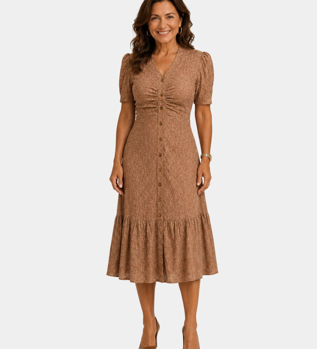Lightweight shirt dress in brown, short sleeves, button front, tiered skirt hem.