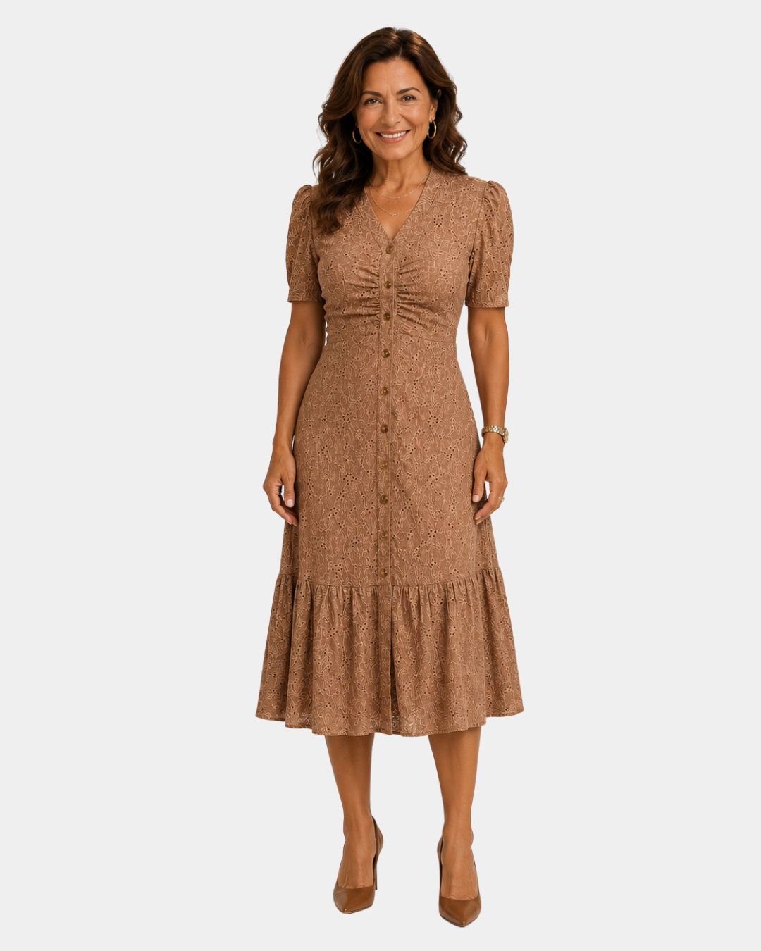 Lightweight shirt dress in brown, short sleeves, button front, tiered skirt hem.