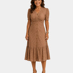 Lightweight shirt dress in brown, short sleeves, button front, tiered skirt hem.