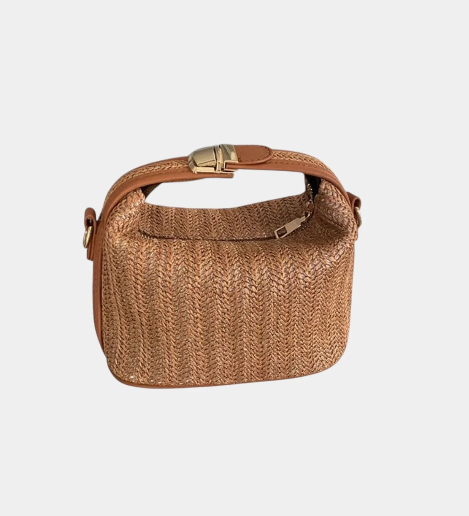 Brown knit style mini bag with top handle and buckle closure