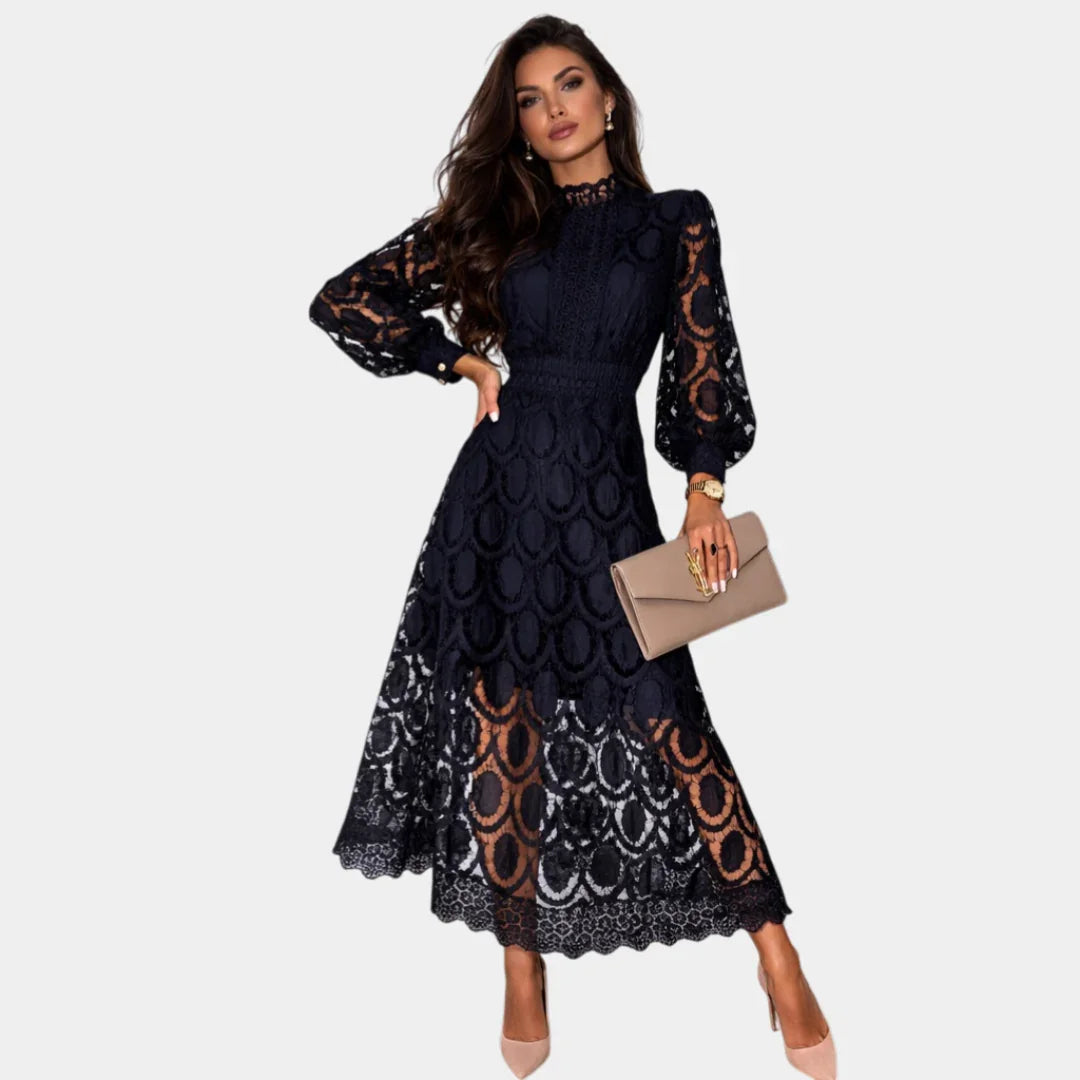 Black delicate lace midi dress with long puff sleeves and high neckline