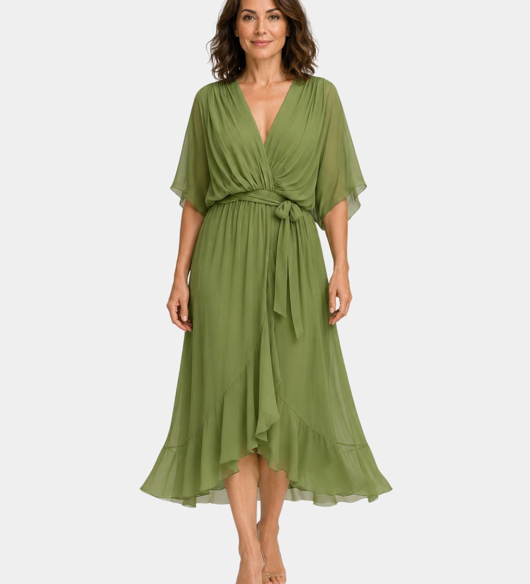 Green chiffon V-neck wrap dress with tie waist, flutter sleeves and layered midi hem