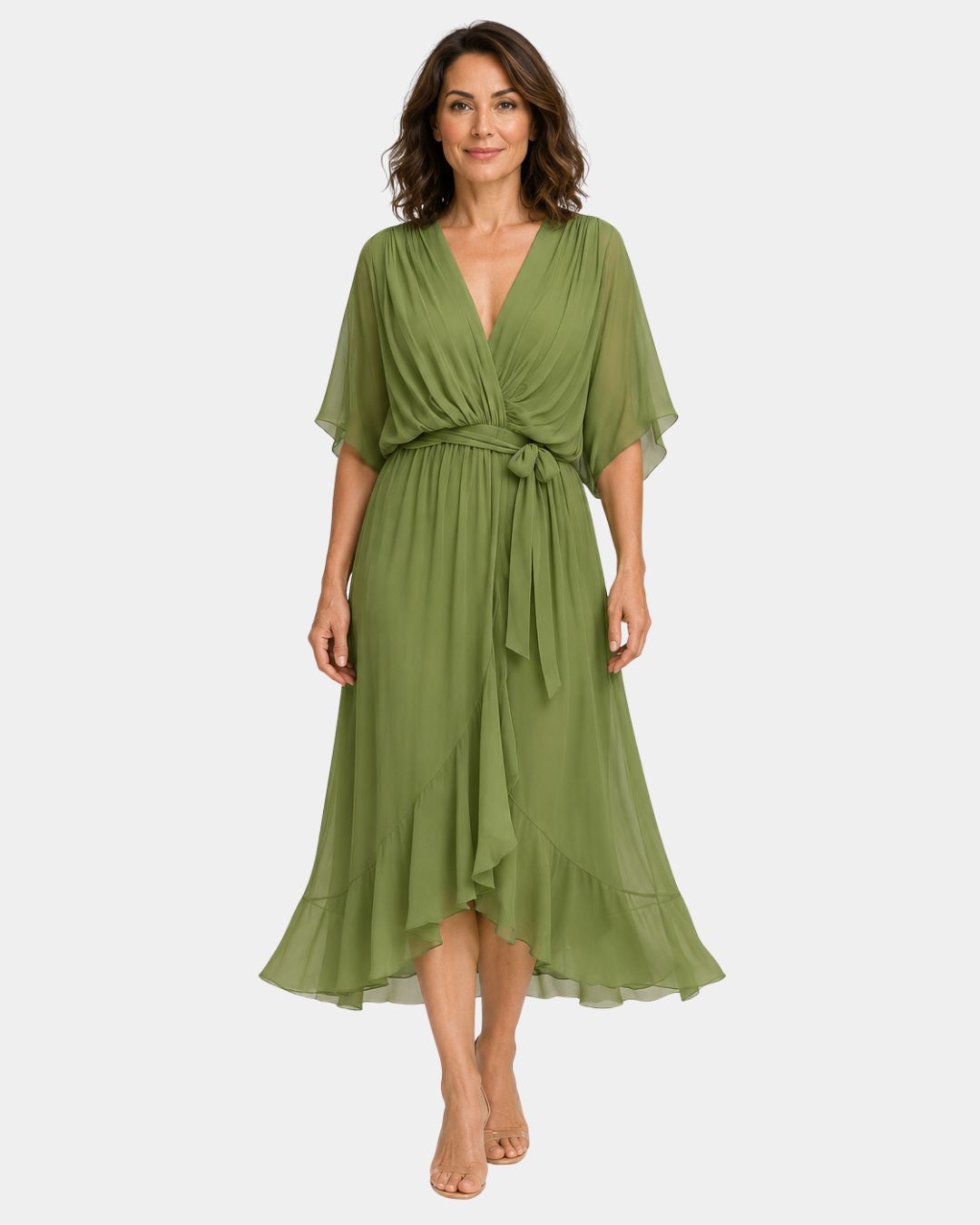 Green chiffon V-neck wrap dress with tie waist, flutter sleeves and layered midi hem