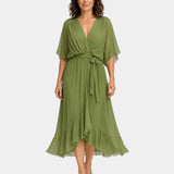 Green chiffon V-neck wrap dress with tie waist, flutter sleeves and layered midi hem