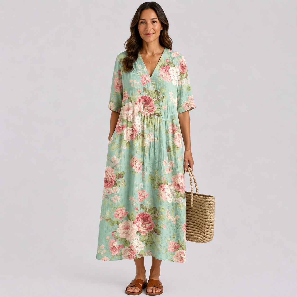 Mint green floral V-neck midi dress with short sleeves and gathered waist