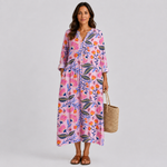 Floral summer dress with V-neck and 3/4 sleeves, long loose fit in pink mix