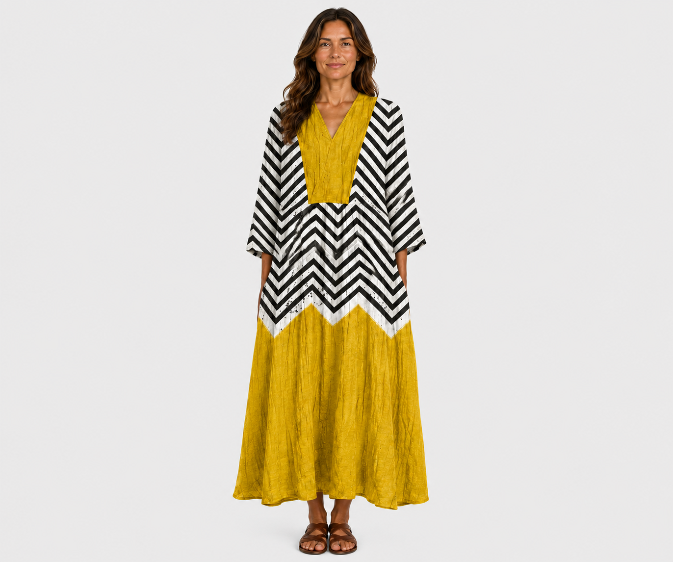 Mustard yellow V-neck summer dress with black-and-white chevron sleeves