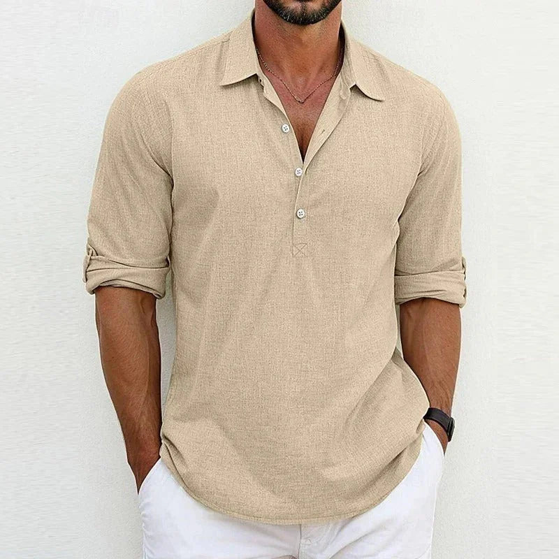 Men's khaki linen button-up shirt with short sleeves and open collar