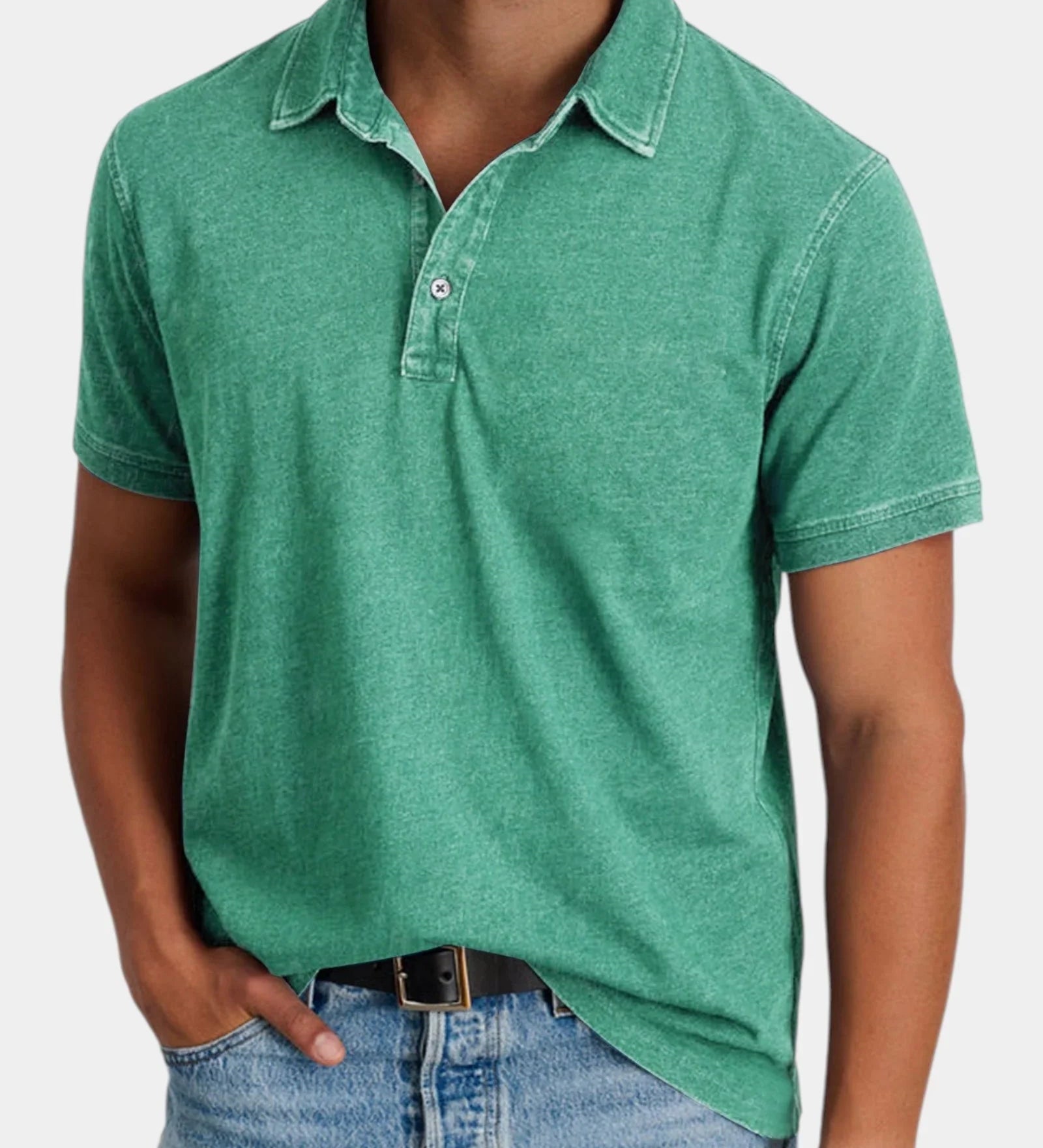 Green classic polo shirt with short sleeves, button placket, and collared neckline