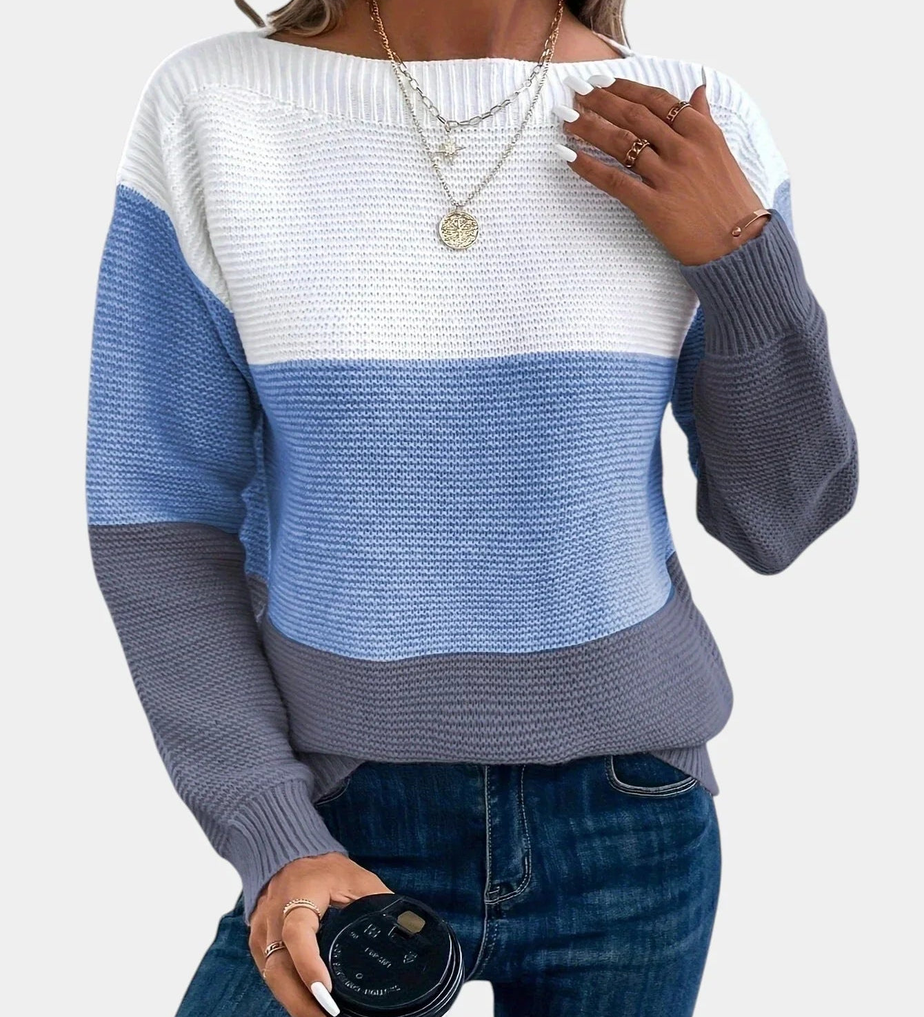 Two-tone knit pullover with crew neck, white upper to blue gradient hem
