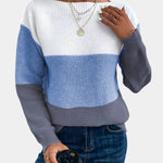 Two-tone knit pullover with crew neck, white upper to blue gradient hem