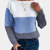 Two-tone knit pullover with crew neck, white upper to blue gradient hem