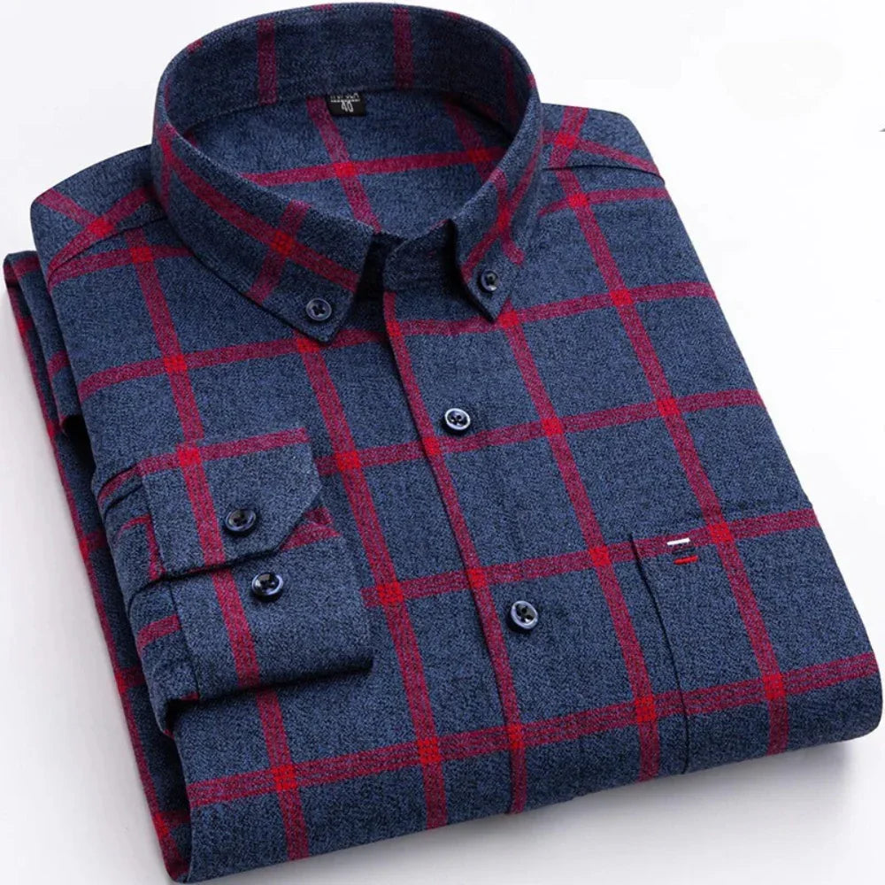 Dark blue classic checkered dress shirt with red plaid, button-down collar, chest pocket.