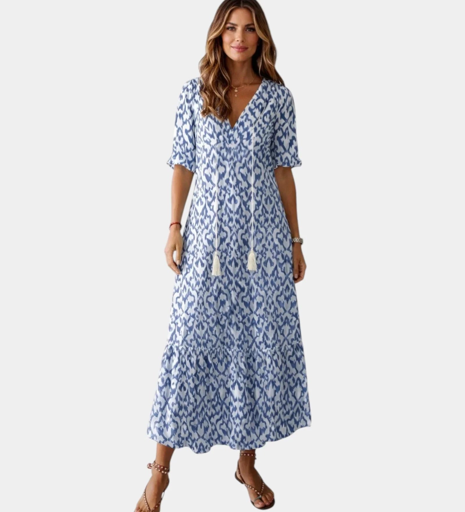 Blue and white printed maxi dress with short sleeves and V-neckline