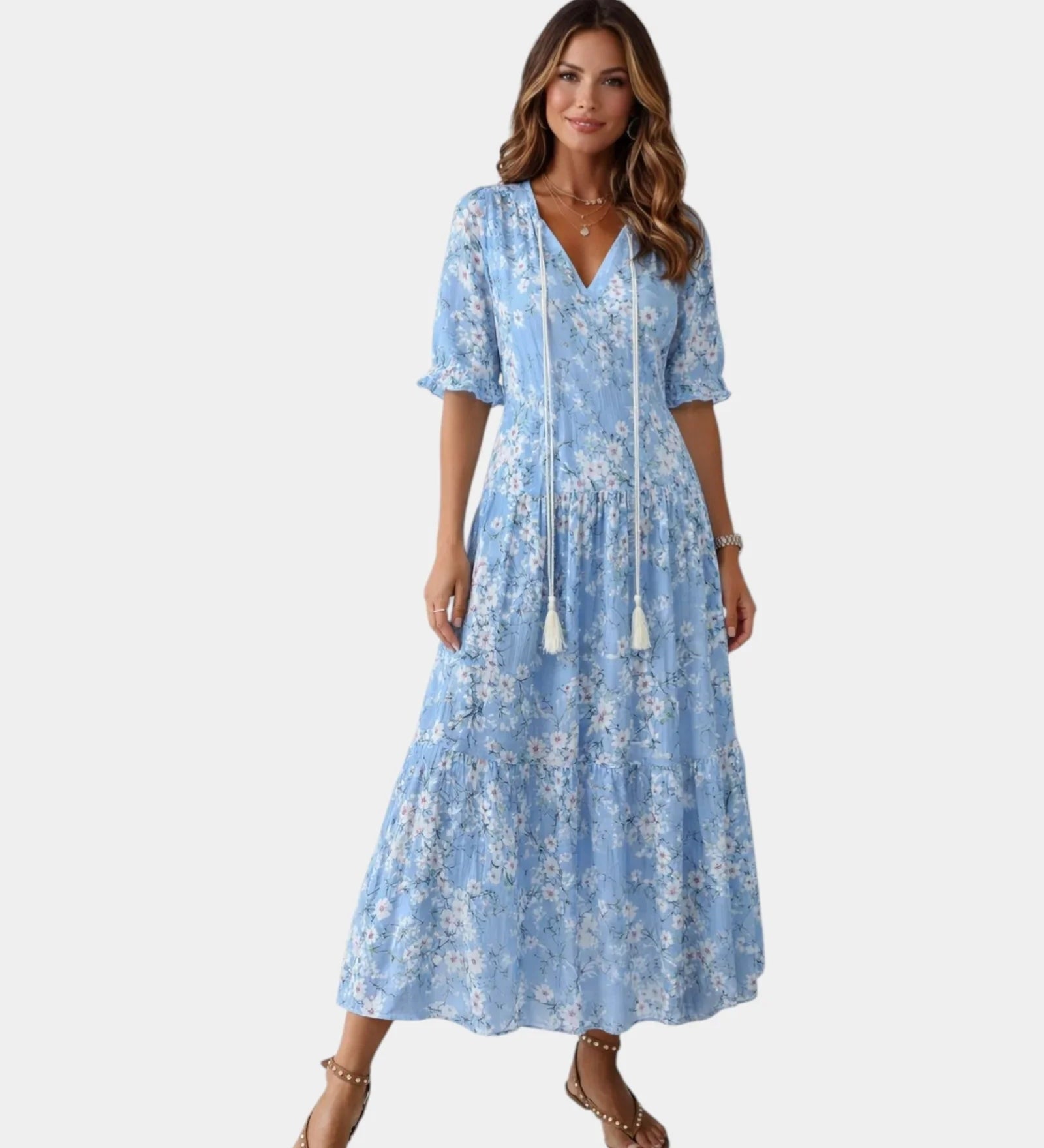 Light blue floral maxi dress with V-neck and gathered tiered skirt