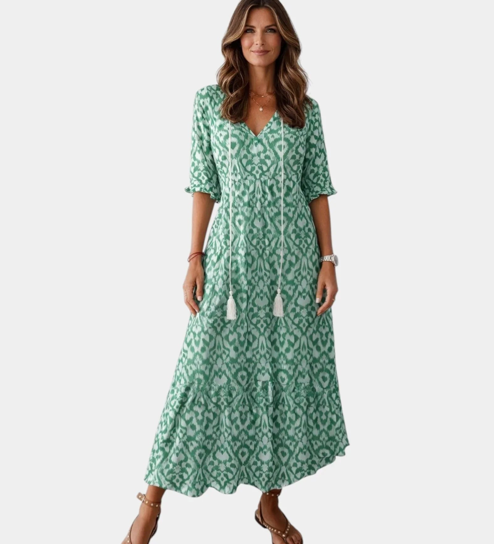 Green printed maxi dress with V-neck and short sleeves
