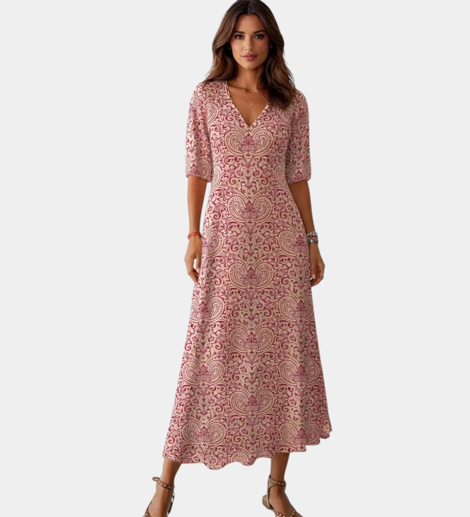 Dusty pink paisley printed maxi dress with V-neck and short sleeves
