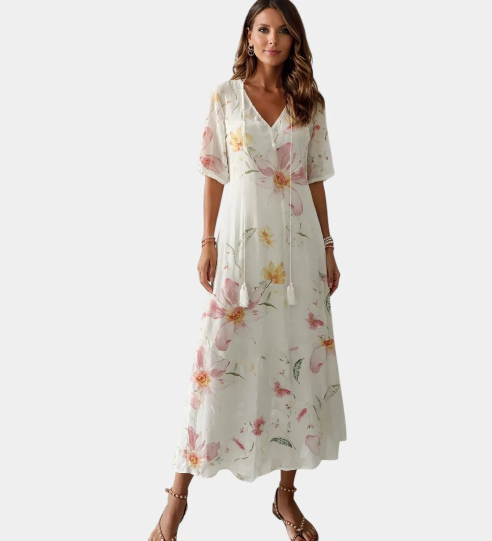 Ivory floral maxi dress with V-neck and short puff sleeves