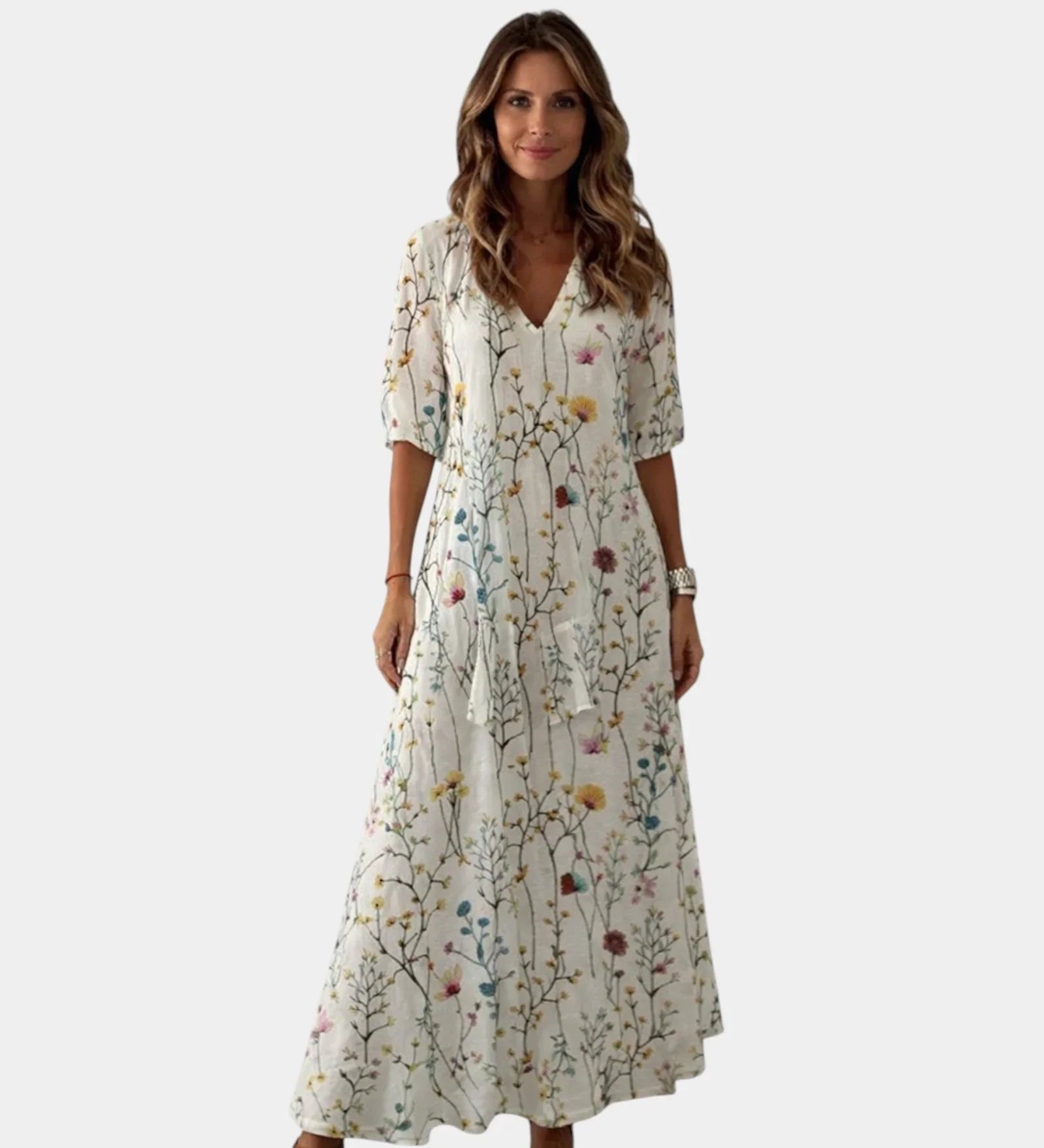Cream floral maxi dress with V-neck and short sleeves