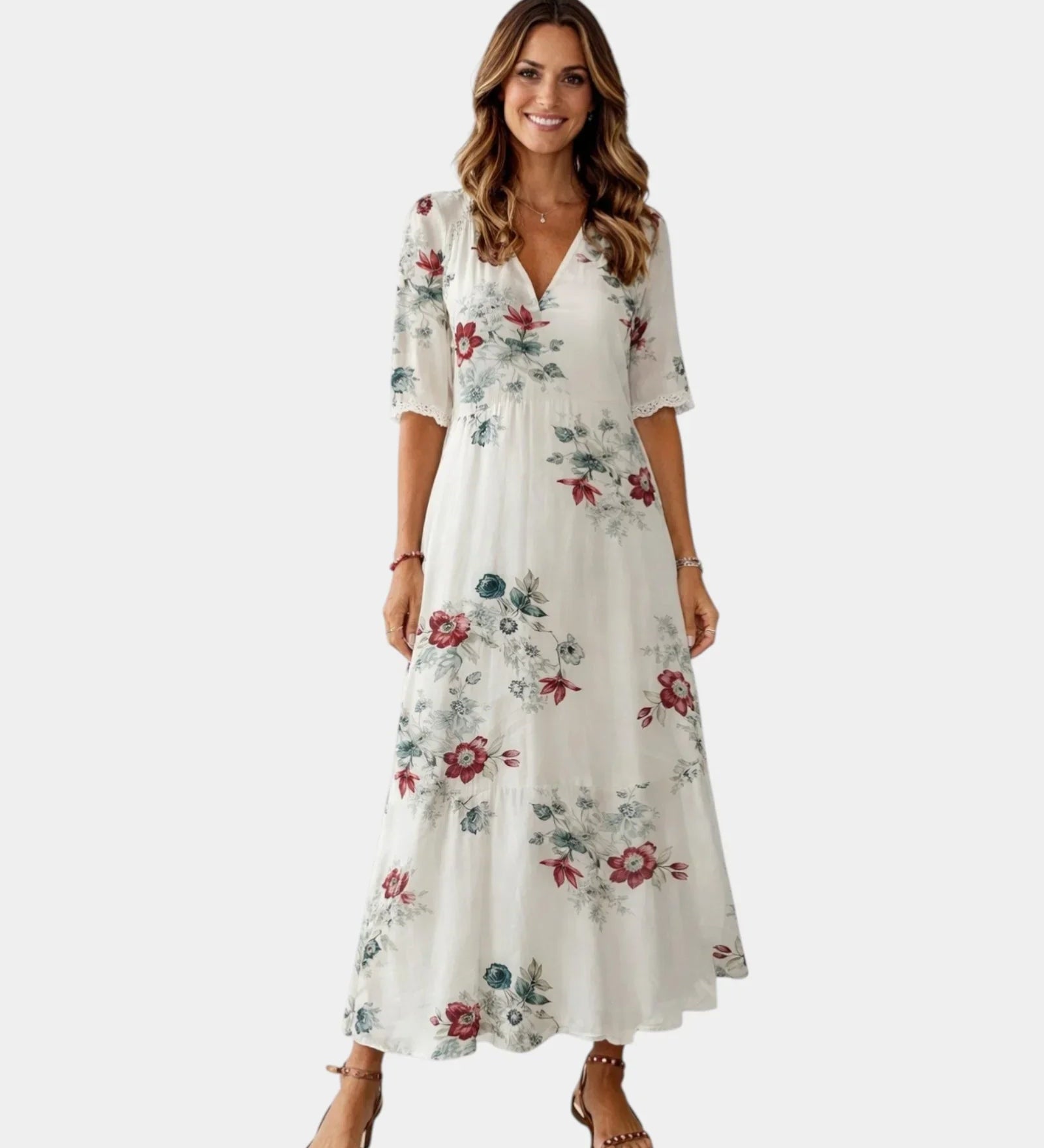 White floral maxi dress with V-neck and elbow-length sleeves