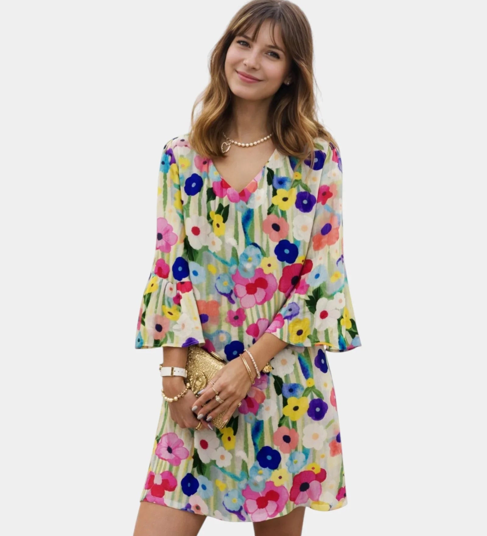 Multicolor floral mini dress, V-neck, tiered bell sleeves