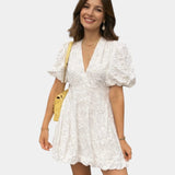 Anastasie | Mini dress with embroidered details and ruffled sleeves