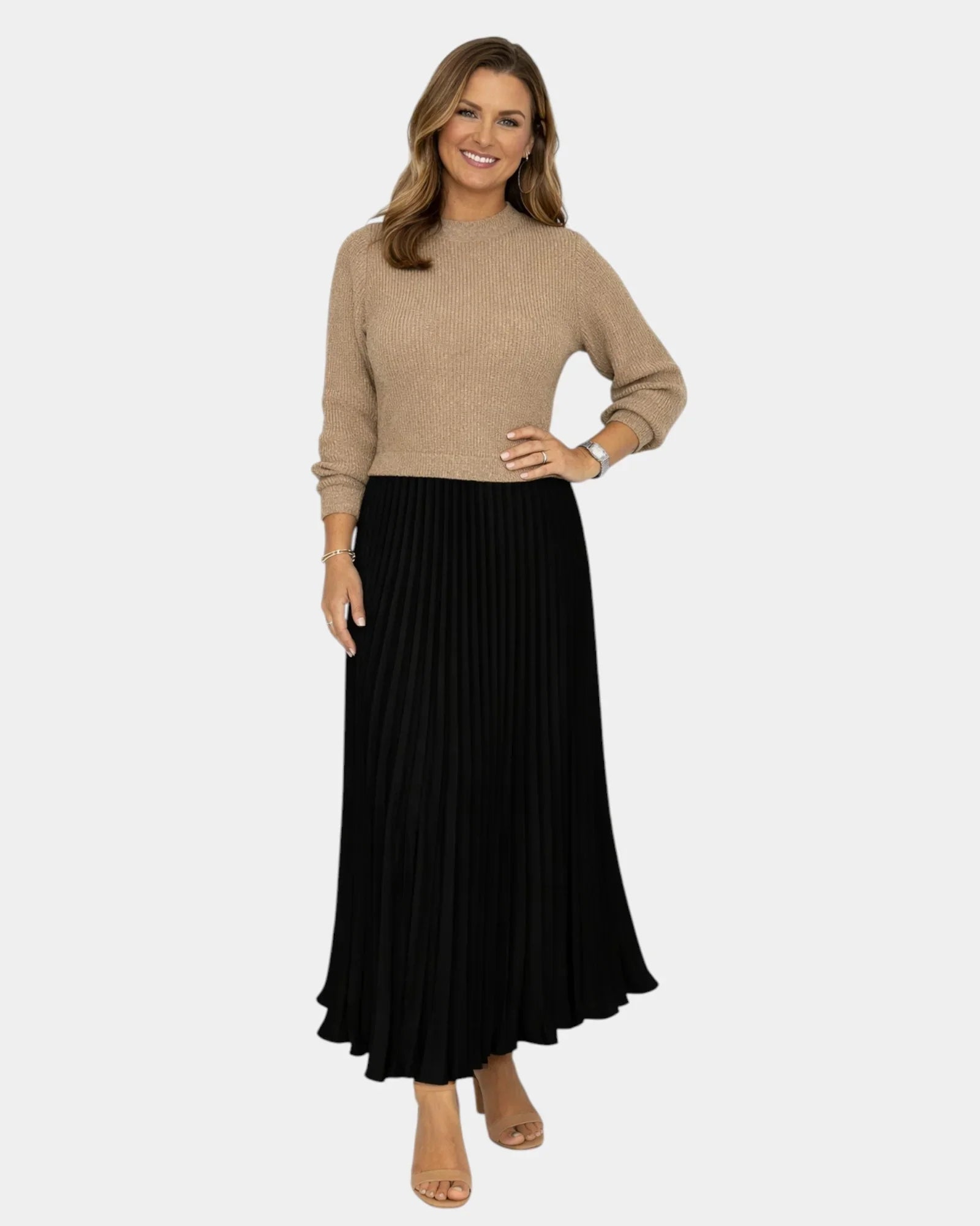 Blouse-effect dress with beige top and black pleated midi skirt