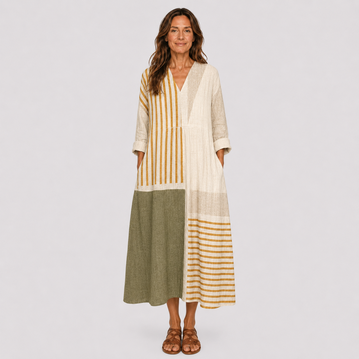 Flattering summer dress with cream striped yoke and olive panel, V-neck, 3/4 sleeves