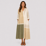 Flattering summer dress with cream striped yoke and olive panel, V-neck, 3/4 sleeves