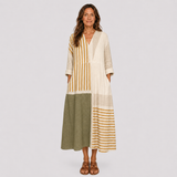 Flattering summer dress with cream striped yoke and olive panel, V-neck, 3/4 sleeves