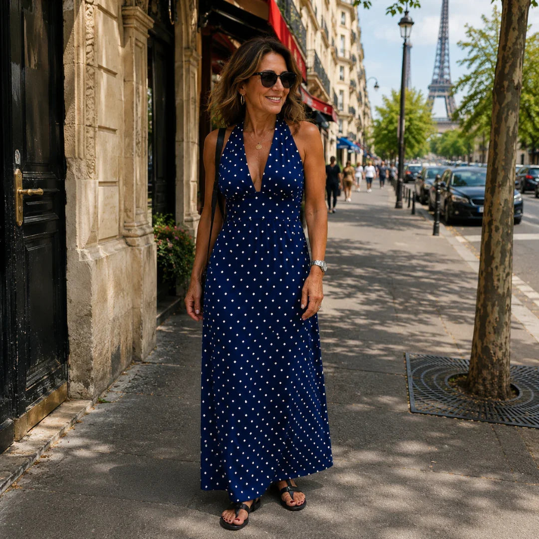 Navy polka-dot maxi dress, sleeveless V-neck bodice